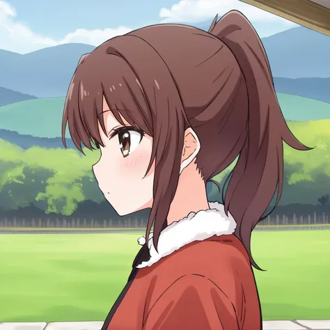 a close up of a person with a ponytail in a field