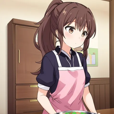 anime girl in apron holding a bowl of food in a kitchen