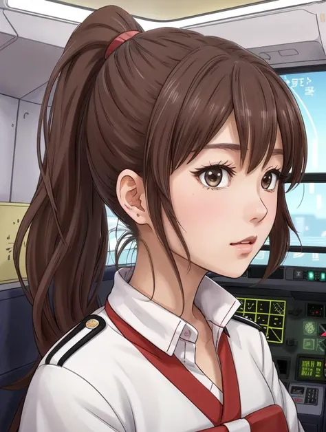 masterpiece, best best quality, 8k,
vivid color,
<lora:Yuna_Toomi.v2-000003:0.65> yuna toomi,
small brown eyes, ponytail, 
1girl, (solo)
(japanese clothes:1.2)
spaceship, cockpit, heads up display, hud,
"                     "  
(badly drawn, sketch)