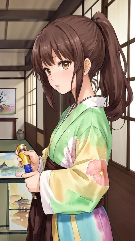 anime girl in kimono outfit holding a bottle of water