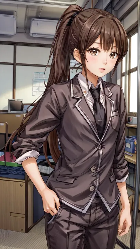 anime girl in a suit standing in an office with her hands on her hips