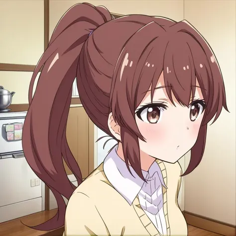 anime girl with ponytail hair in kitchen looking at camera