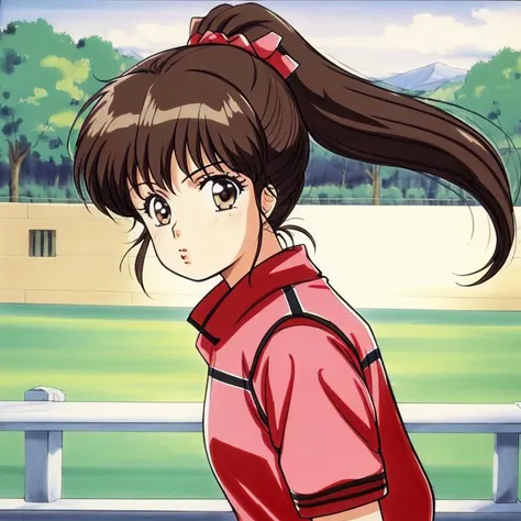 a close up of a girl with a ponytail in a red shirt