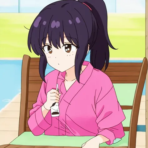 anime girl sitting at a table with a bottle of soda