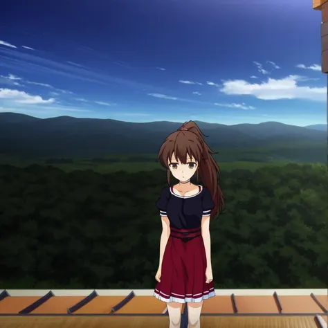 anime girl standing on a balcony looking out at the mountains