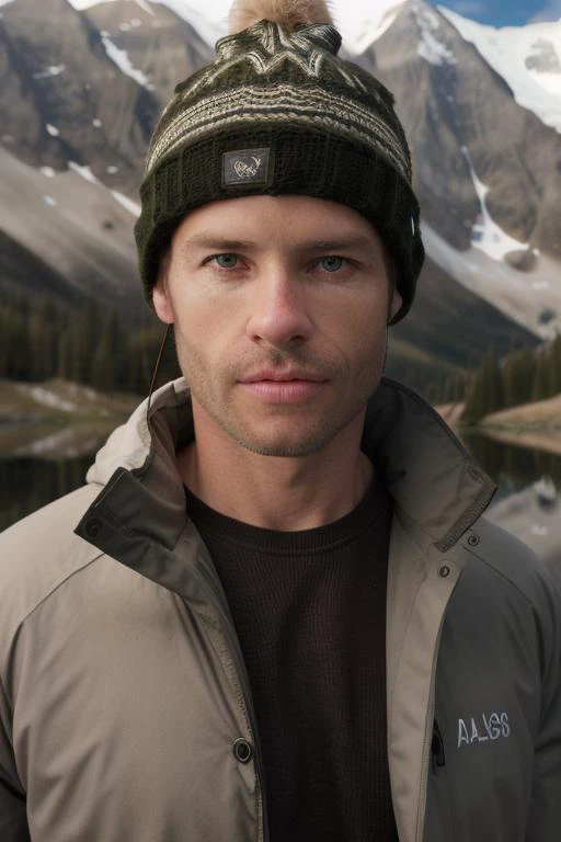 a handsome man, gp13rc3, stunning eyes, looking at viewer, upper body, hiking in alaska, wearing a touque hat, lake in background