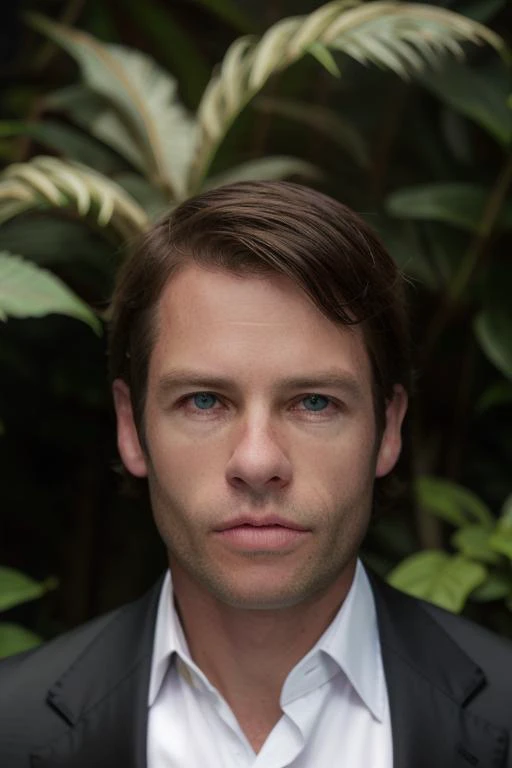 portrait of a handsome man, gp13rc3, stunning eyes, looking at viewer, upper body, in a blue floral patterned suit, in a jungle paradise