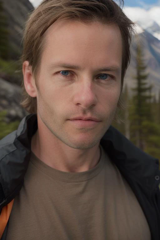 portrait of a handsome man, gp13rc3, stunning eyes, looking at viewer, upper body, hiking in alaska, touque