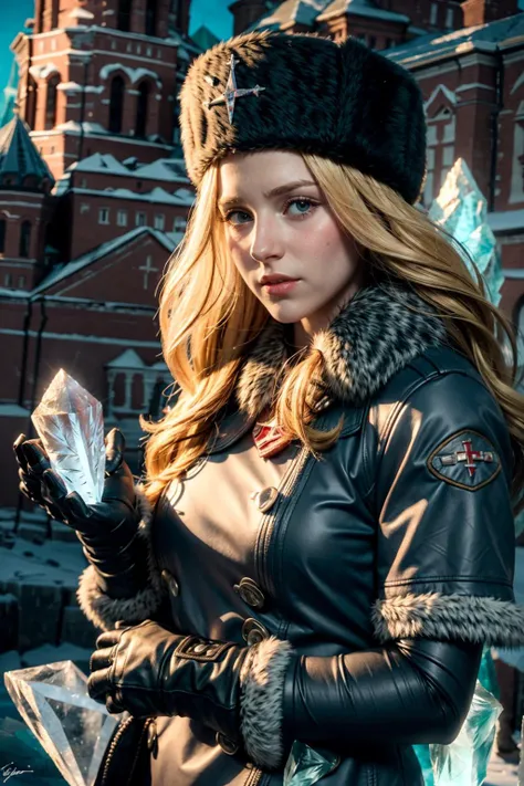 arafed woman in a black leather jacket and fur hat holding a crystal