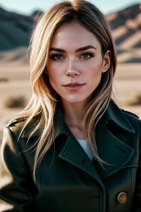 perfect cinematic shoot of a beautiful woman (EPL1l14Lm01n3:.99), a woman standing in a (simple desert), perfect high ponytail, wearing sexy (Grass Green  peacoat :1.2), (people in background:1.1), (detailed background:1.1), (face focus), modelshoot style,...