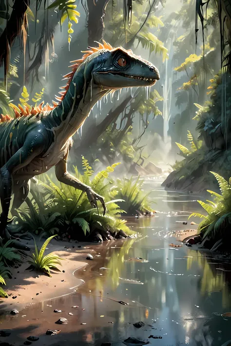 a close up of a dinosaur in a jungle near a stream