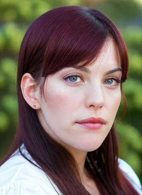 closeup portrait of skswoman, pained , wearing business attire , with red Wispy bangs , background mountain epic (photo, studio lighting, hard light, sony a7, 50 mm, matte skin, pores, colors, hyperdetailed, hyperrealistic), <lyco:Liv TylerV2:1.1>