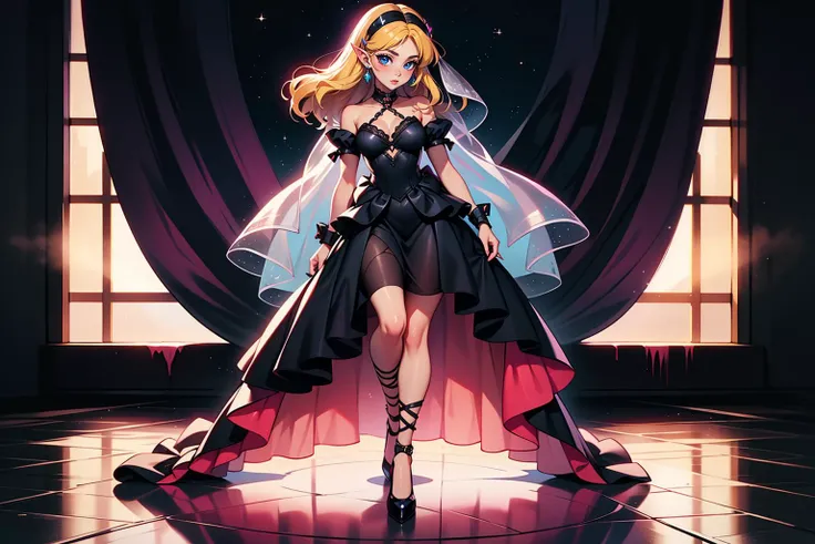 1girl, solo, adult woman full body, standing, princess zelda, blonde hair,  high quality, best quality, highres  ((Enigmatic)), Celestial Shadows, Ethereal ((black tulle ballgown)), Deep (obsidian hue), Ensnaring (bodice), Layers of darkness (skirt), Fine ...