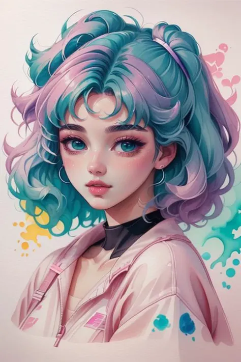 cutecore vaporwave style, painting, watercolor, woman, <lora:Cutecore_Vaporwave:1.0>