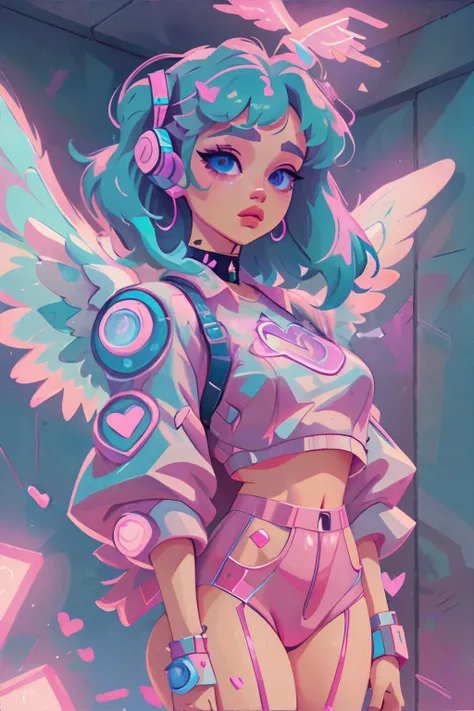 <lora:cutecorevaporwave:0.8>, cutecore vaporwave style, angel woman wearing cyberpunk fashion, robotic angel wings || masterpiece, 8k, high resolution, shallow depth of field, sharp focus