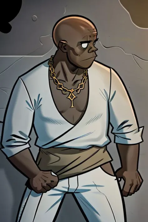 (1boy, russelgrllz, dark skin, bald), gold chain, white clothes, Leaning on wall, cassino, side view,