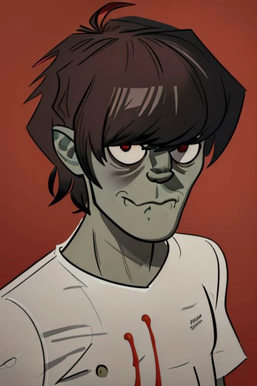 a cartoon image of a man with a bloody face and a white shirt