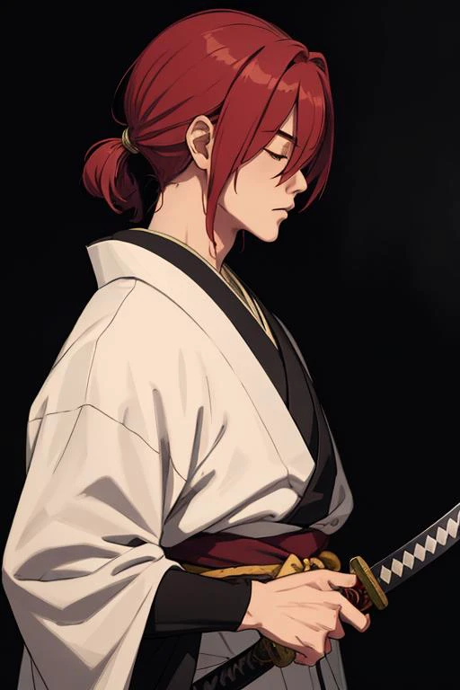 himura kenshin, samurai x, solo,red hair, 1boy, closed eyes, upper body, weapon, male focus, japanese clothes, sword, kimono, from side, profile, night, looking down, katana, sheath, sheathed, hair over eyes. Dark, lit, moody, mysterious