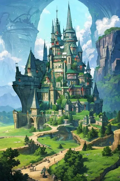 a castle in the middle of a mountain with a sky background