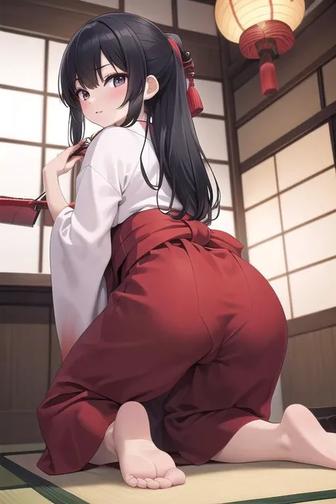 masterpiece,best quality,girl,ultra detail,petite,miko,black longhair,japanese fan,shrine,indoor, <lora:normal miko-001_0.7:0.7>from below,all fours,red hakama