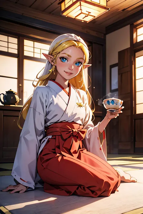 young zelda, blue eyes, blonde hair, pointy ears, miko, looking at viewer,smiling, sitting, on floor, wariza, holding tea cup, table, soft lighting, high quality, masterpiece, <lora:normal miko:.8>  <lora:young_zelda_v1:.8>