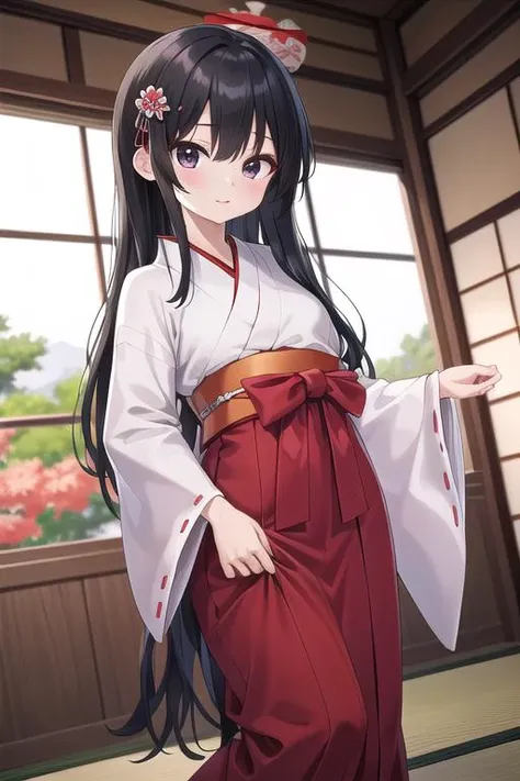 masterpiece,best quality,girl,ultra detail,petite,miko,black longhair,japanese fan,shrine,indoor, <lora:normal miko-001_0.7:0.7>