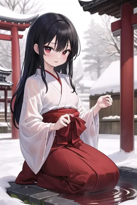 masterpiece,best quality,girl,ultra detail,petite, snow,steam,upper body,miko,red long hakama,black longhair,shrine,outdoor,well,wet,wet clothes,see-through,holding wooden bucket ,kneeling<lora:normal miko-001_0.7:0.7>