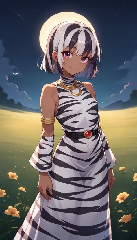 a woman in a zebra print dress standing in a field