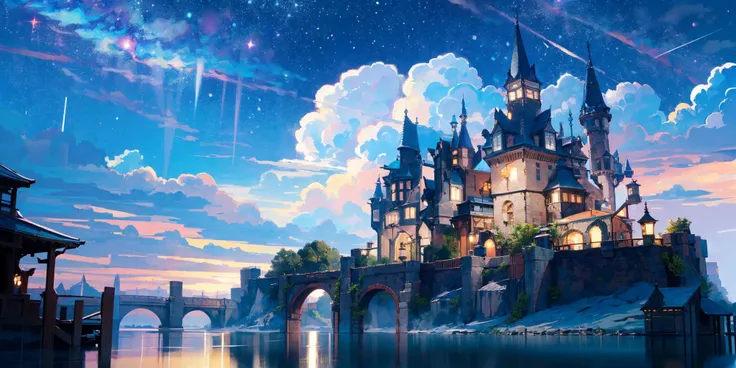 (masterpiece:1.2), best quality,fantasy,
Night scene, scenery, sky, cloud, no humans, night, star (sky), outdoors, tower, building, fantasy, starry sky, night sky, water, cloudy sky, city
 <lora:UE_20230717224732-000003:0.6>