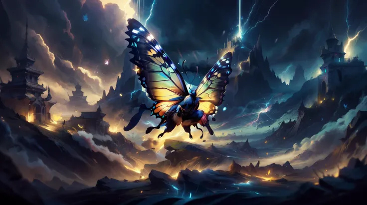 a butterfly flying through a cloudy sky with lightning coming from it