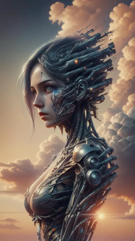 CyberpunkWorld biblical beautiful female druid android with transparent skin, bright glowing veins, in clouds, sunset, studio light, by mikhail vrubel, by gerald brom, by peter elson, muted colors, extreme detail, reflections, trending on artstation, 8 k <...