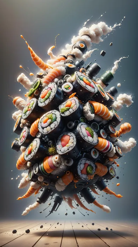 a large pile of sushi with various ingredients flying around it