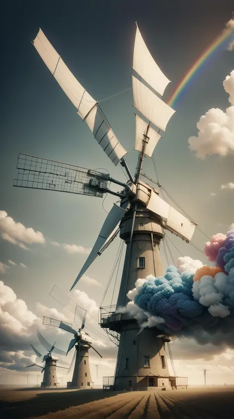 SpyWorld50s a field of windmills with sails made of rainbow hues, wires,50s, <lora:SpyWorld50s:0.5> a field of windmills with sails made of rainbow hues, smoke, disintigrate, dissolve, ral-dissolve a field of windmills with sails made of rainbow hues <lora...