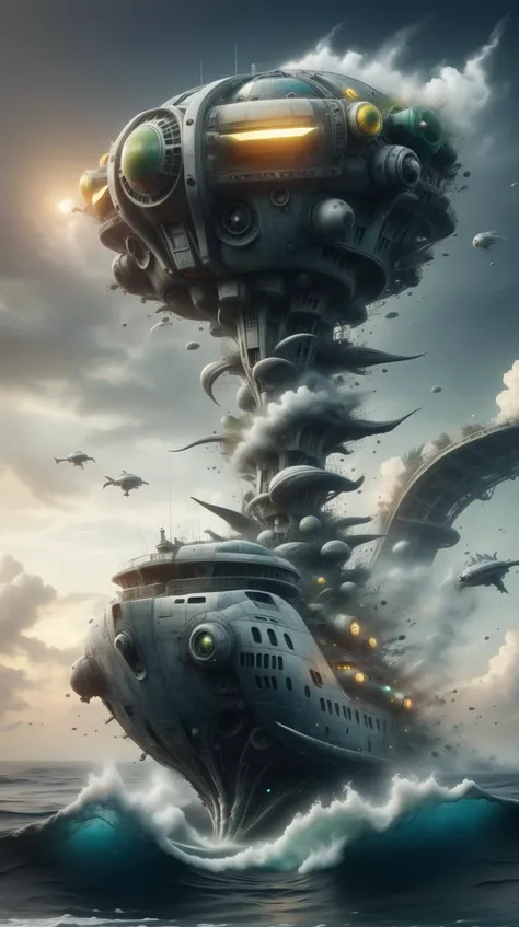 a large ship floating in the ocean with a huge submarine floating on top of it