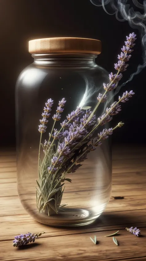 lavender flowers in a glass jar with smoke coming out of it