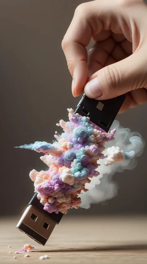 someone is holding a usb device with a cloud of colored cotton