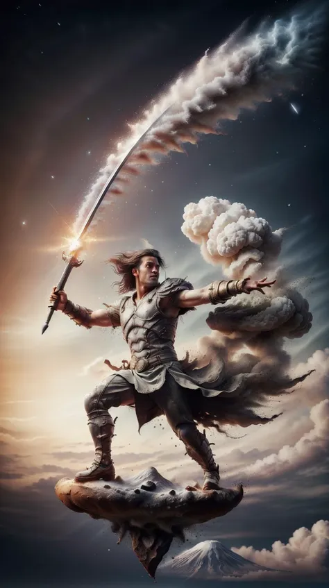 a man flying through the air holding a sword and a cloud