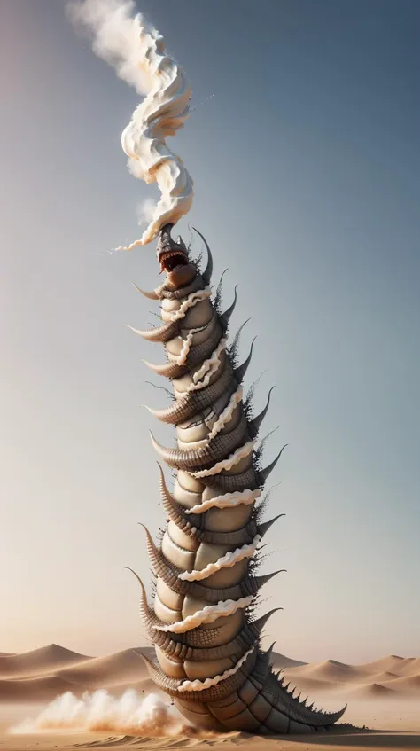 a tall tower made of shells in the desert with smoke coming out of it