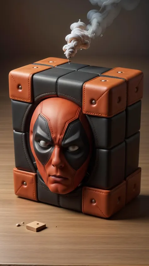 a close up of a deadpool figure in a box with smoke coming out of it