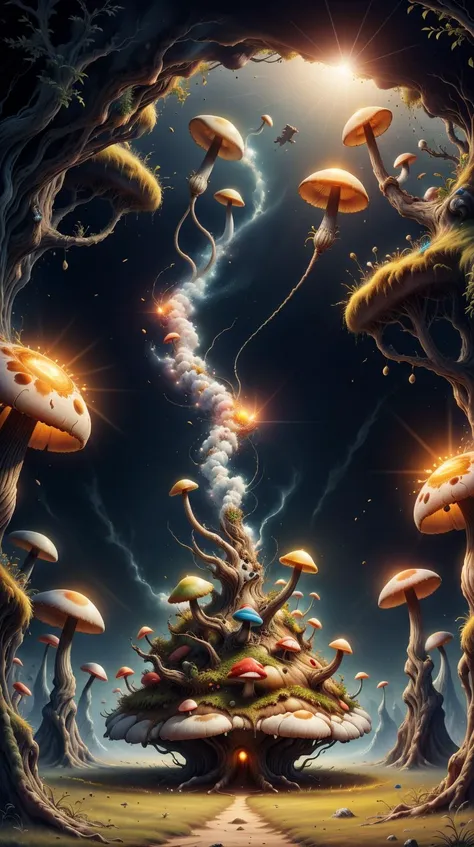 a painting of mushrooms and mushrooms in a forest with a sky background