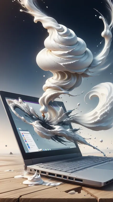 a close up of a laptop computer with a liquid swirl coming out of it