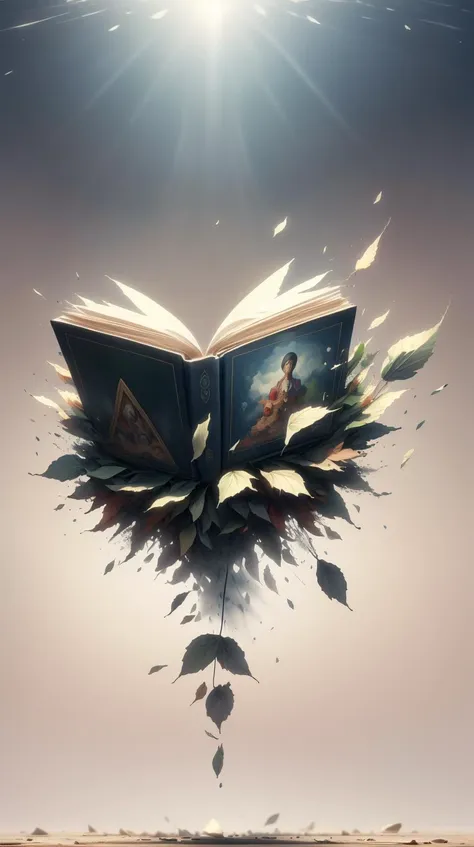 a book floating in the air with leaves flying around it