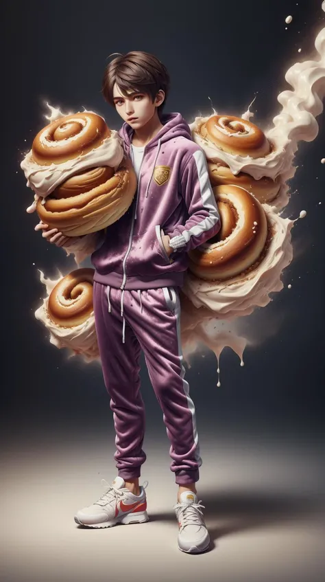 CinnamonBunStyle youth dressed in a gaudy purple velvet tracksuit and gold sneakers <lora:CinnamonBunStyle:0.5> youth dressed in a gaudy purple velvet tracksuit and gold sneakers, (smoke:0.5), disintigrate, dissolve, shatter, scatter, ral-dissolve youth dr...