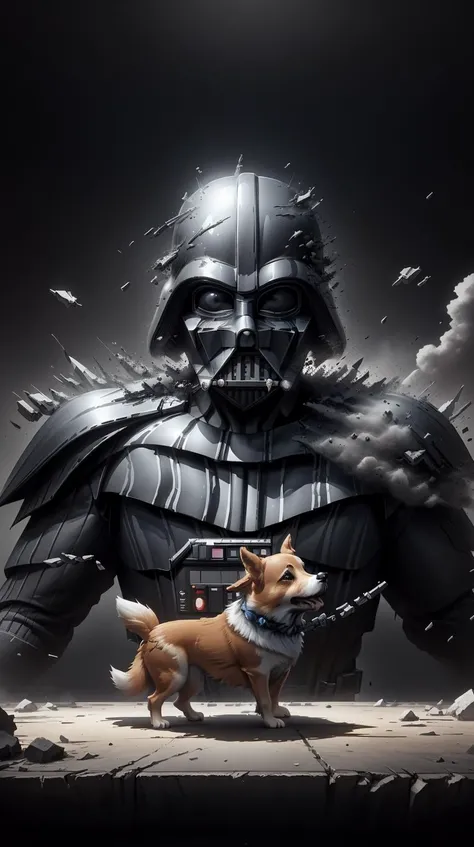 WhiteboxStyle a Photorealistic dramatic hyperrealistic render of darth vader with lightsaber drawn facing off against a calm cute corgi in battle, futuristic star wars vibe, by WLOP and Artgerm and Greg Rutkowski and Alphonse Mucha, Beautiful dynamic drama...