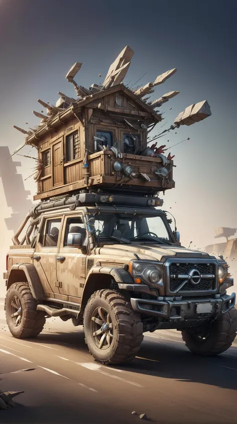 arafed vehicle with a roof full of wood and a roof full of metal