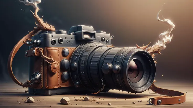 a close up of a camera with a leather strap and smoke coming out of it