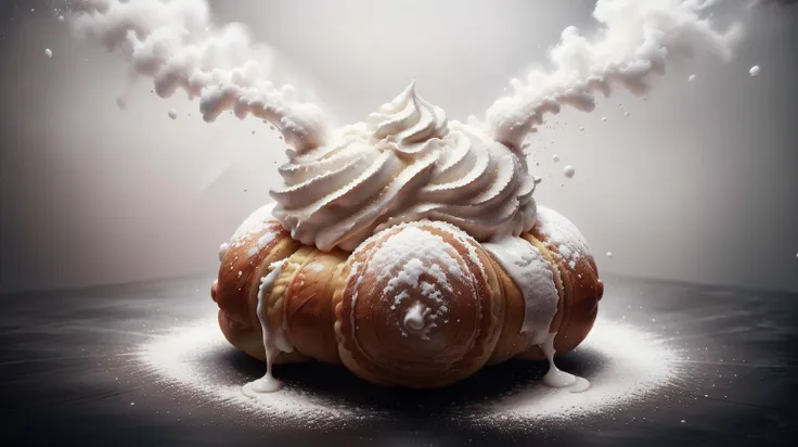 there is a pastry with whipped cream and powder on top