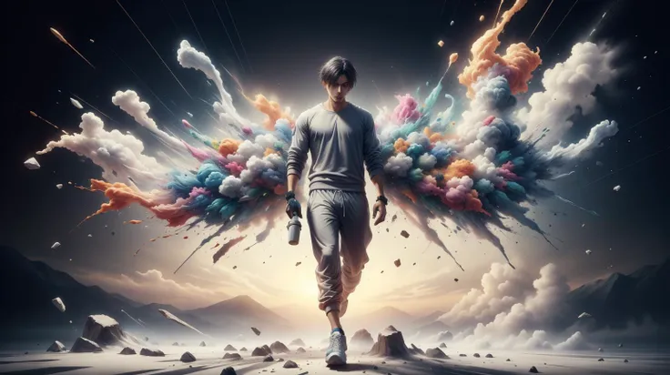 a man walking in the middle of a desert with a cloud of colorful smoke