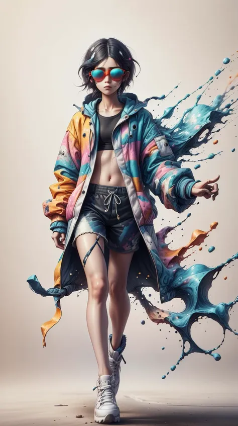 a woman in a colorful jacket and shorts is walking with paint splatters