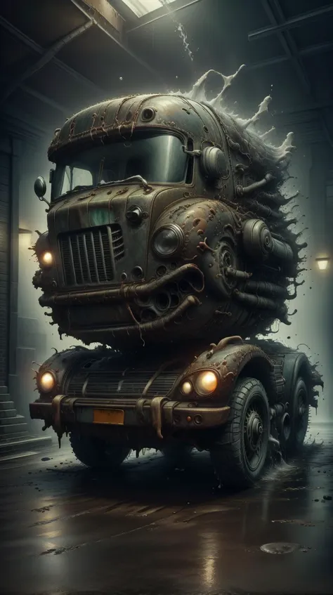 a close up of a truck with a large head on it